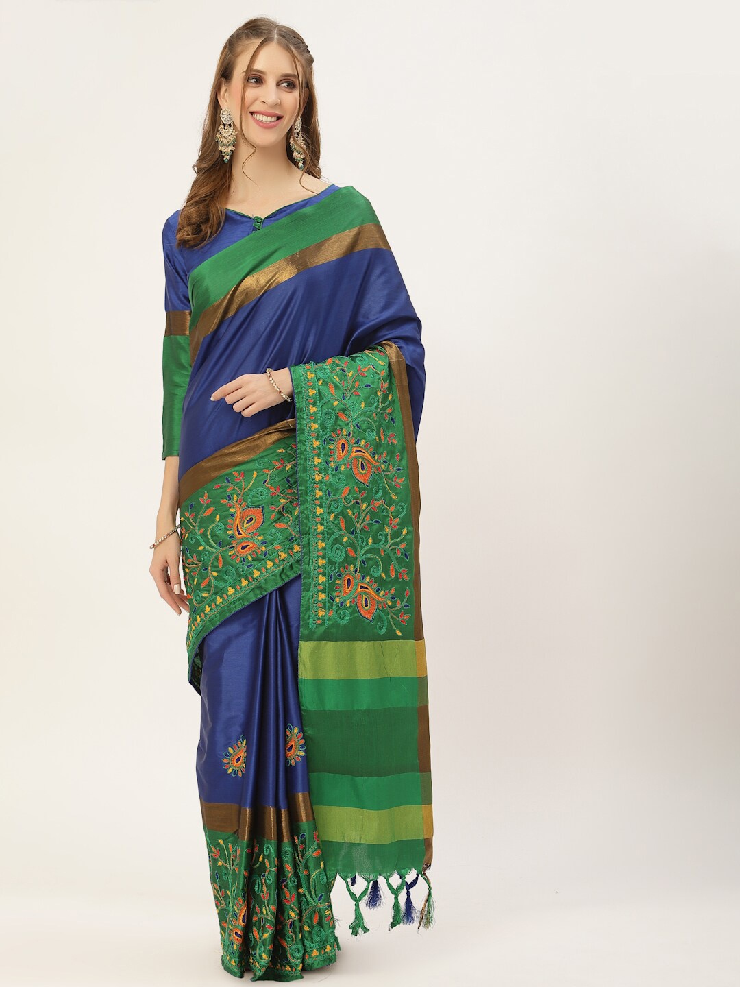 

Mitera Blue & Green Ethnic Motif Embroidered Silk Cotton Saree