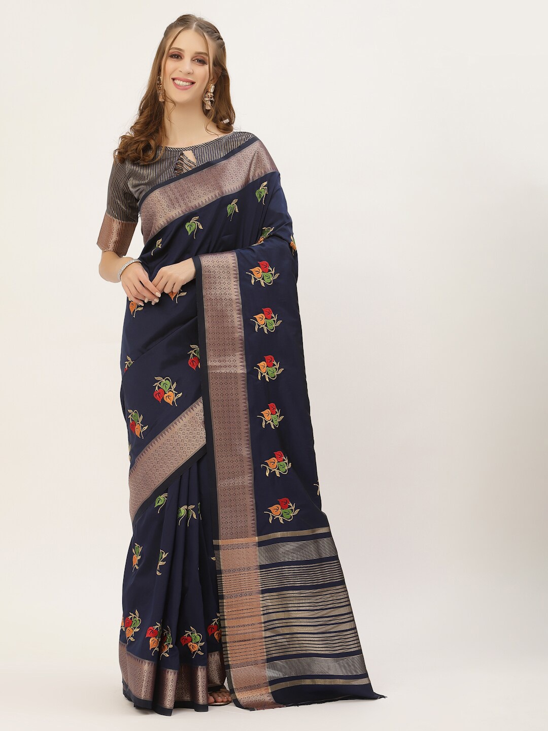 

Mitera Blue & Red Floral Embroidered Zari Silk Cotton Saree