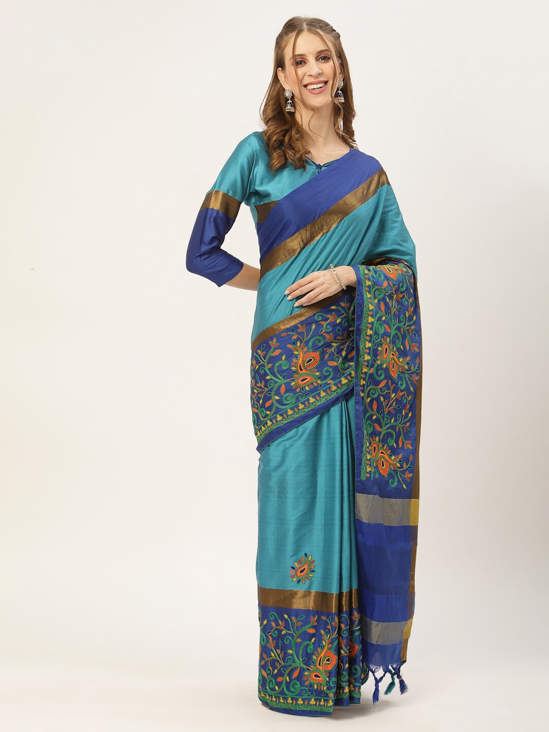 

Mitera Turquoise Blue & Red Ethnic Motifs Embroidered Silk Cotton Saree