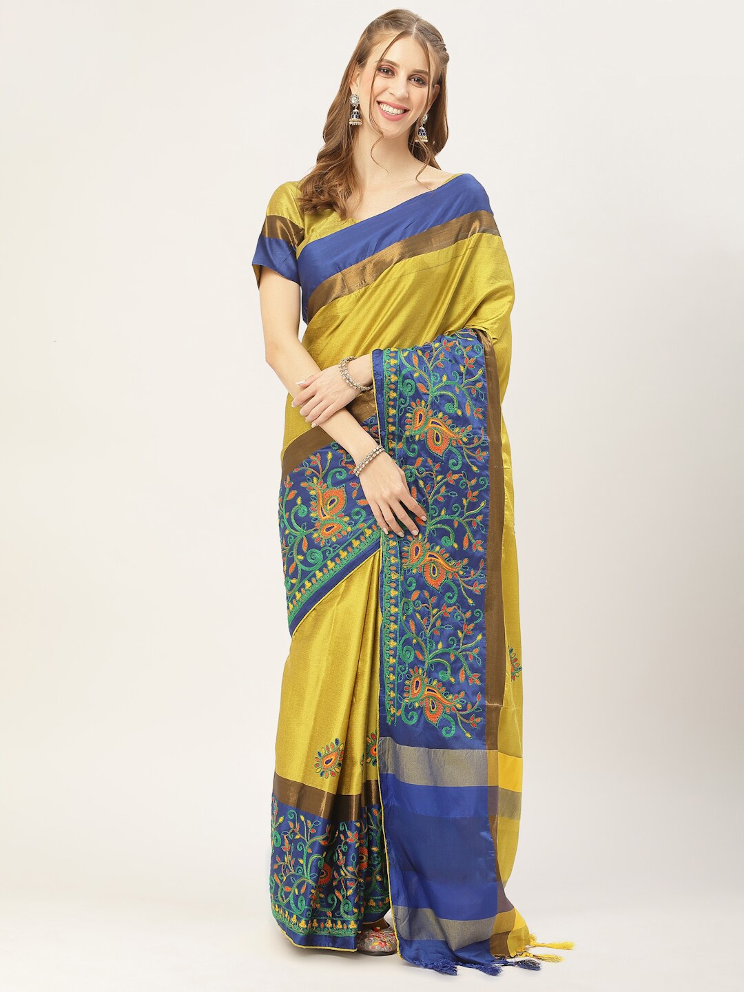 

Mitera Yellow & Blue Ethnic Motif Embroidered Silk Cotton Saree
