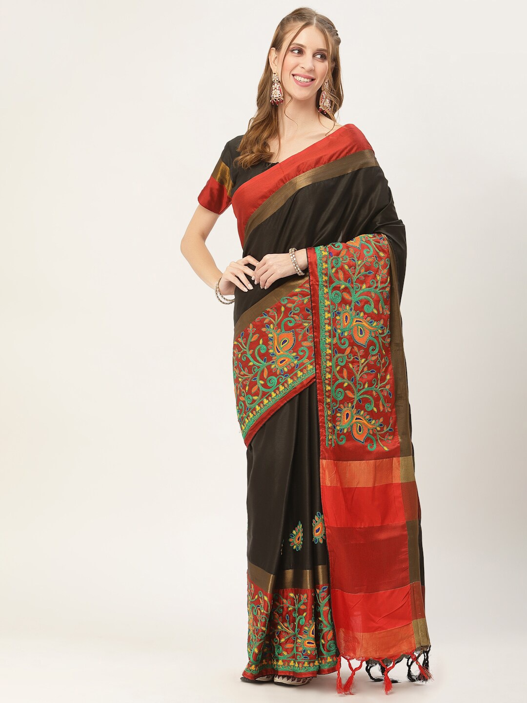 

Mitera Black & Red Ethnic Motif Embroidered Silk Cotton Saree