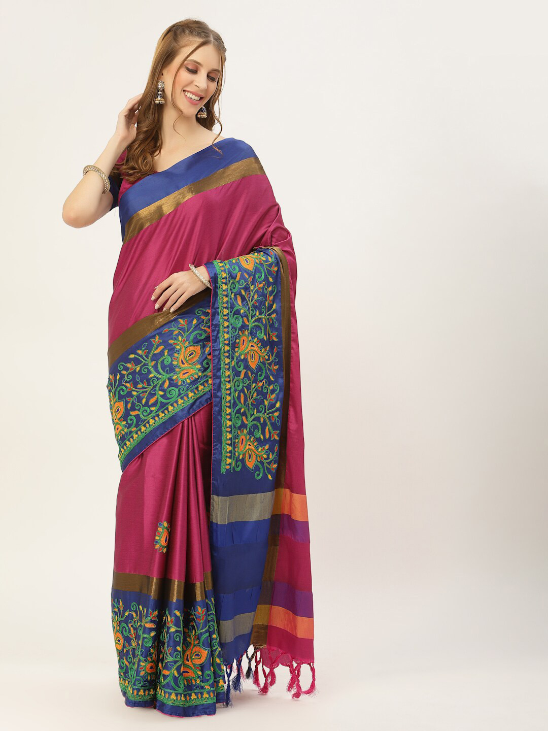 

Mitera Pink & Blue Ethnic Motifs Embroidered Silk Cotton Saree