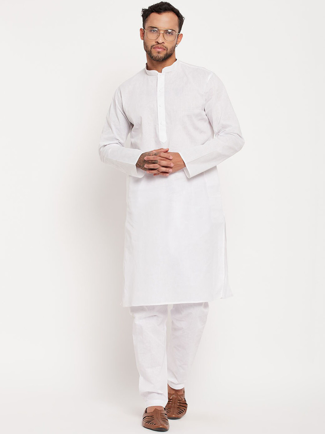 

VASTRAMAY Mandarin Collar Kurta With Pyjamas, White