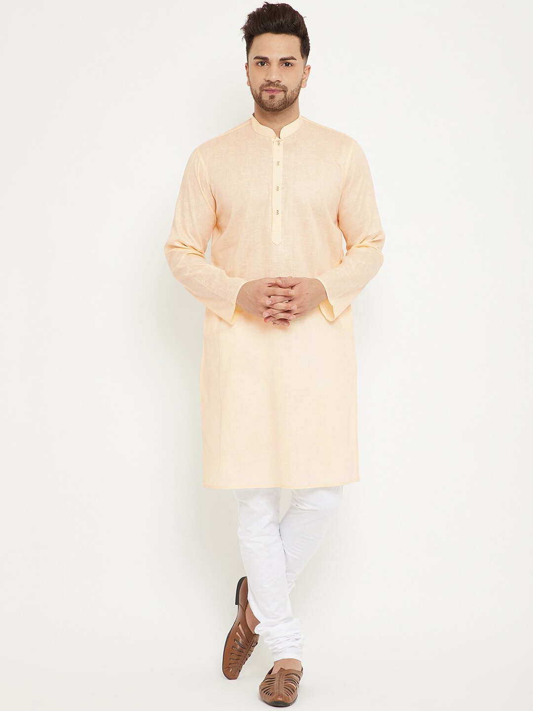 

VASTRAMAY Mandarin Collar Kurta With Churidar, Cream