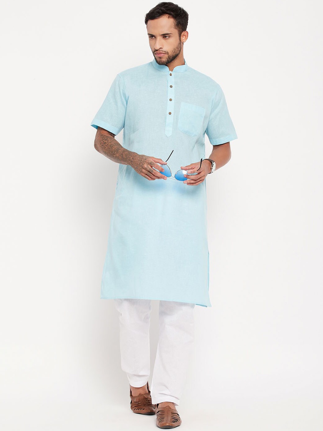 

VASTRAMAY Mandarin Collar Kurta With Pyjamas, Blue