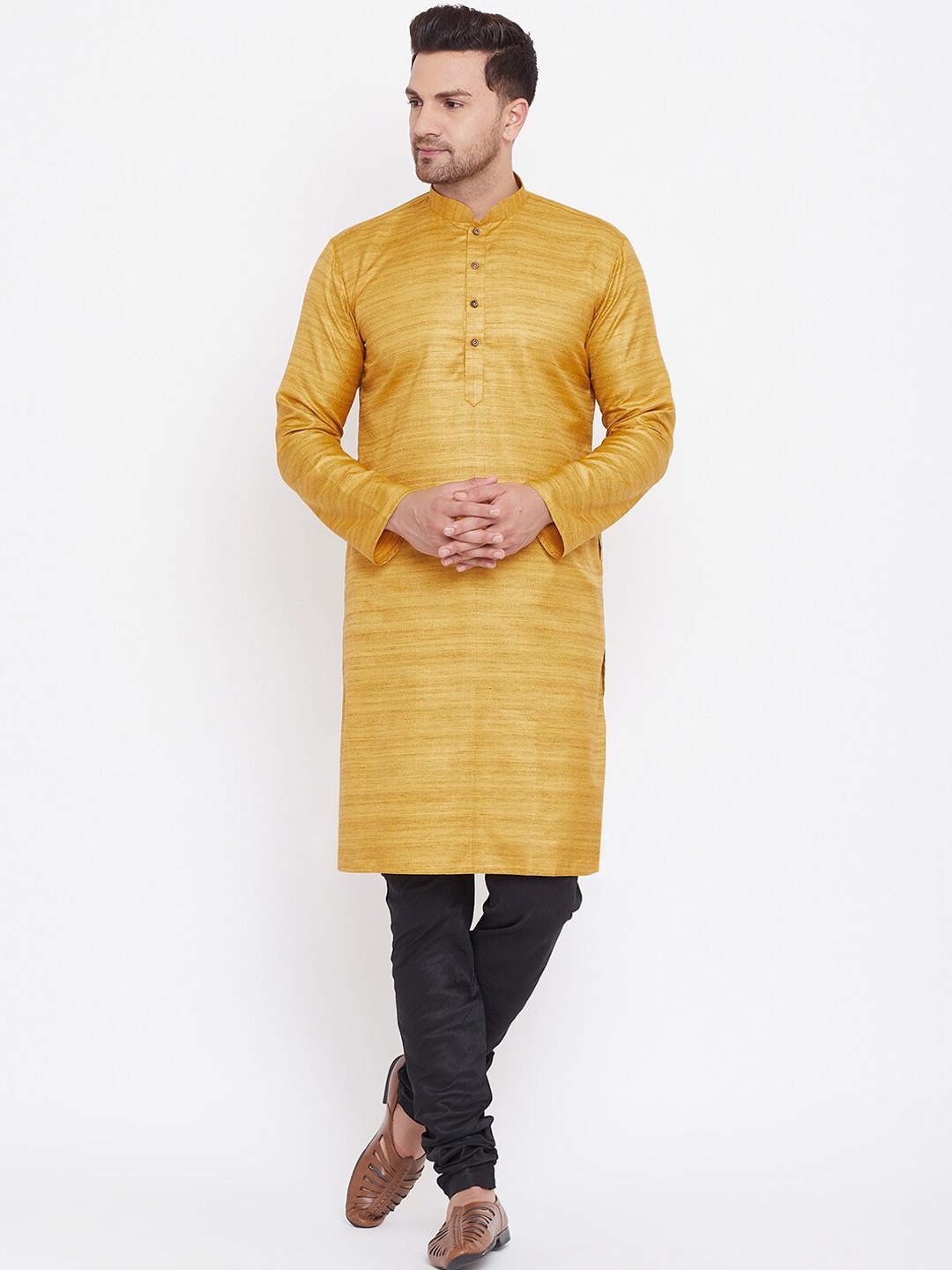 

VASTRAMAY Men Solid Kurta with Churidar, Mustard