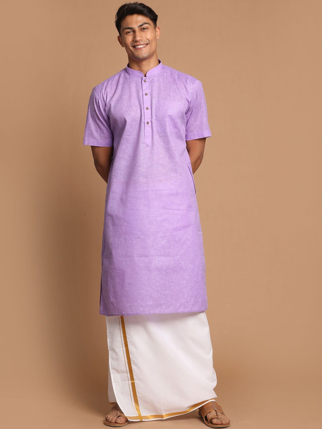 

VASTRAMAY Men Solid Regular Kurta And Mundu, Purple