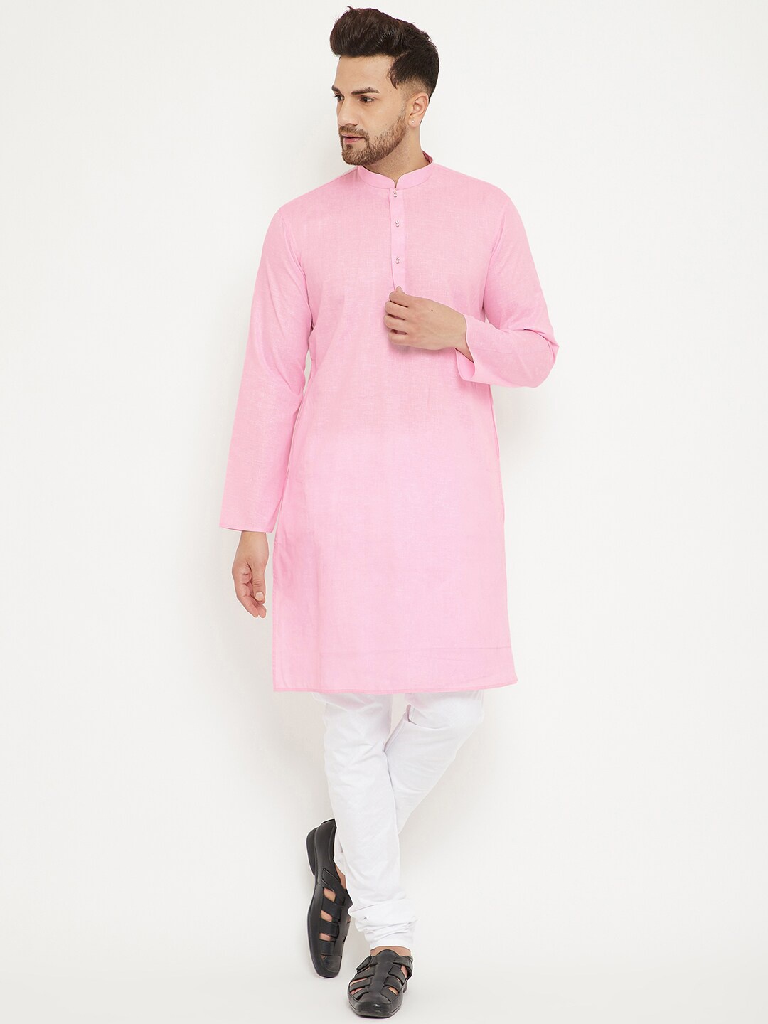 

VASTRAMAY Men Solid Regular Kurta with Churidar, Pink
