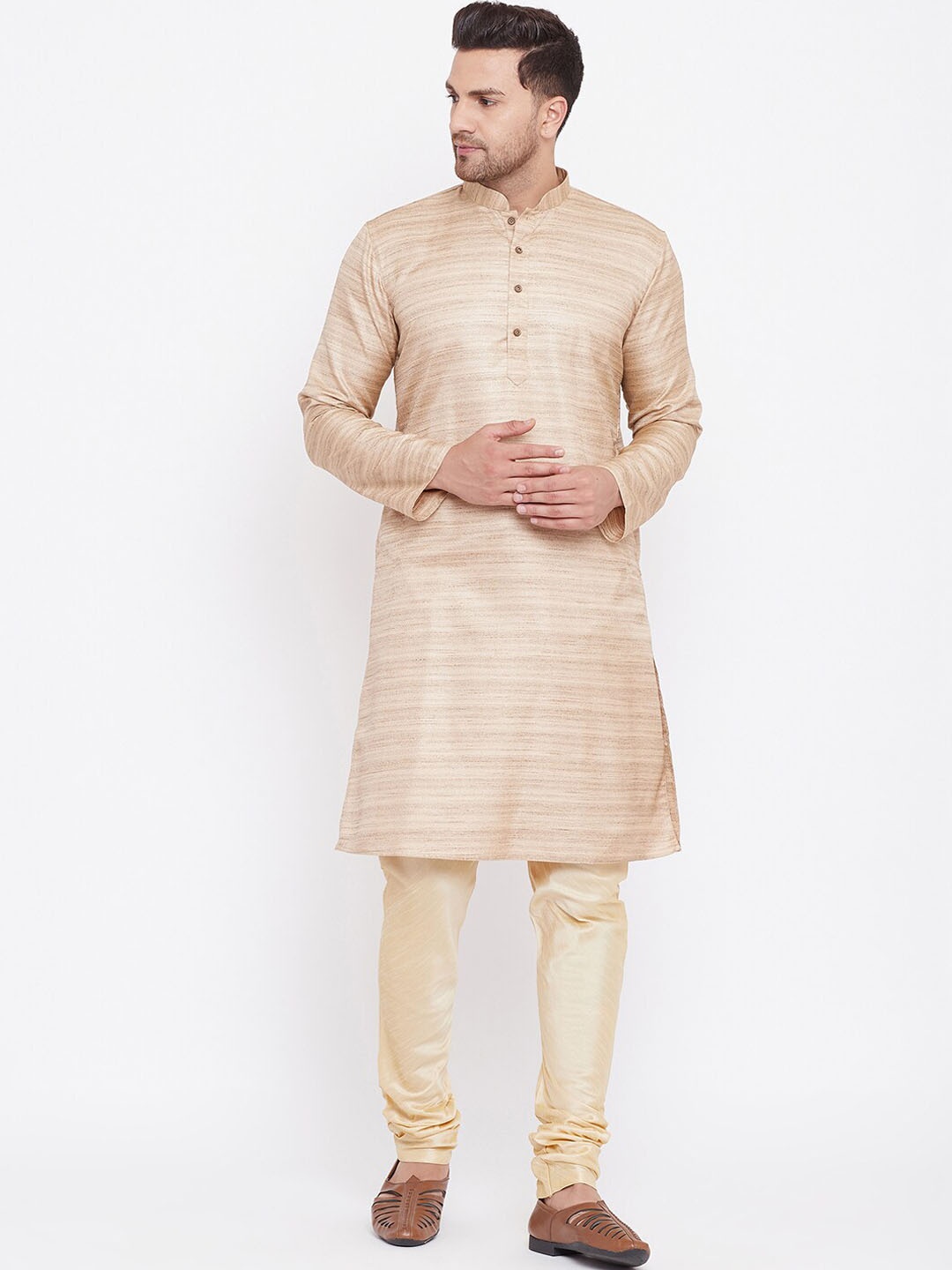 

VASTRAMAY Men Woven Regular Kurta with Churidar, Beige