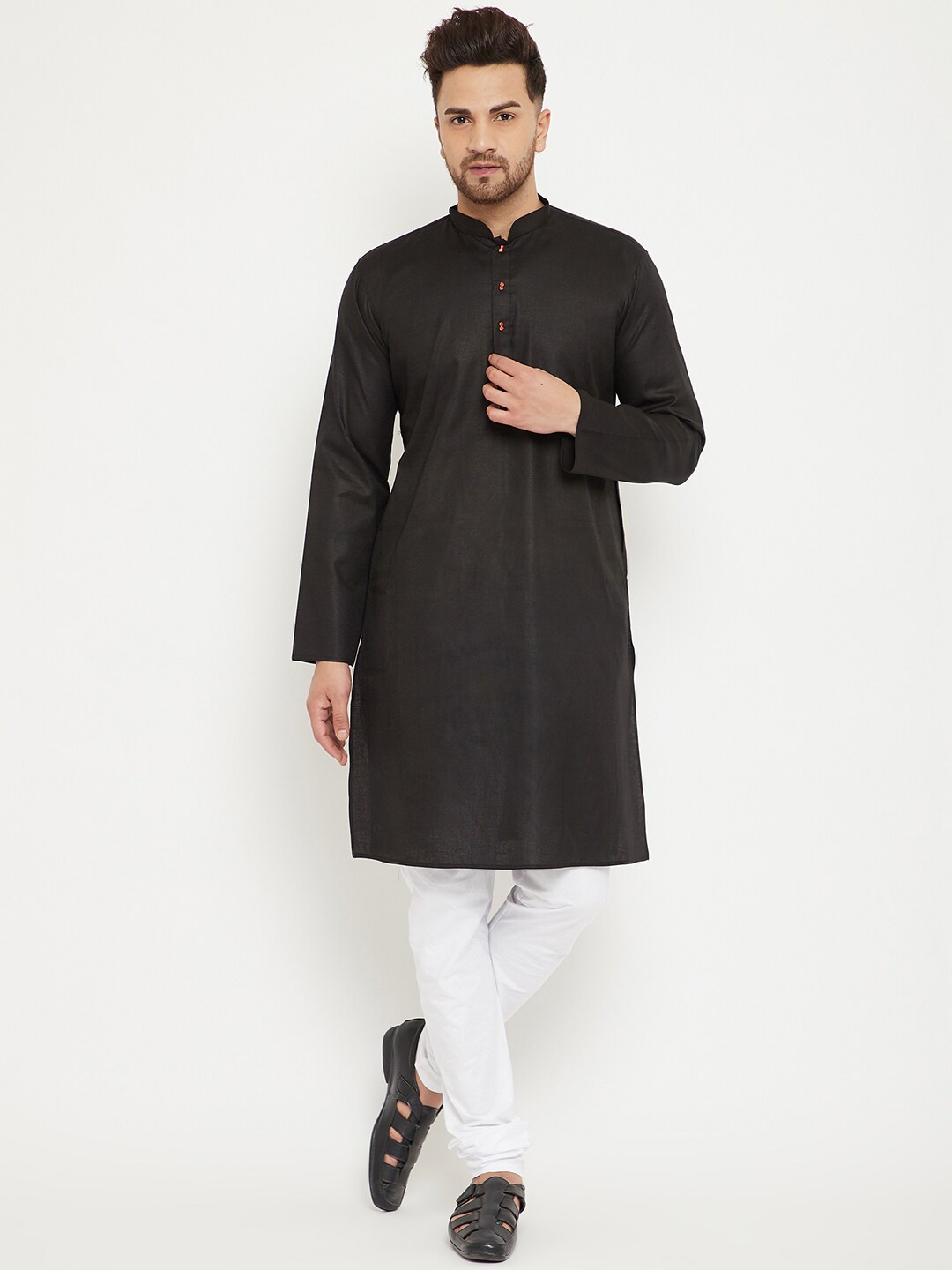 

VASTRAMAY Men Mandarin Collar Kurta with Churidar, Black