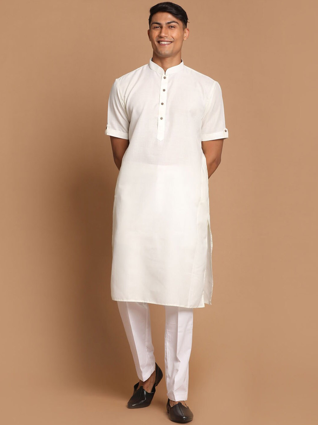

VASTRAMAY Men Mandarin Collar Kurta with Pyjamas, Cream