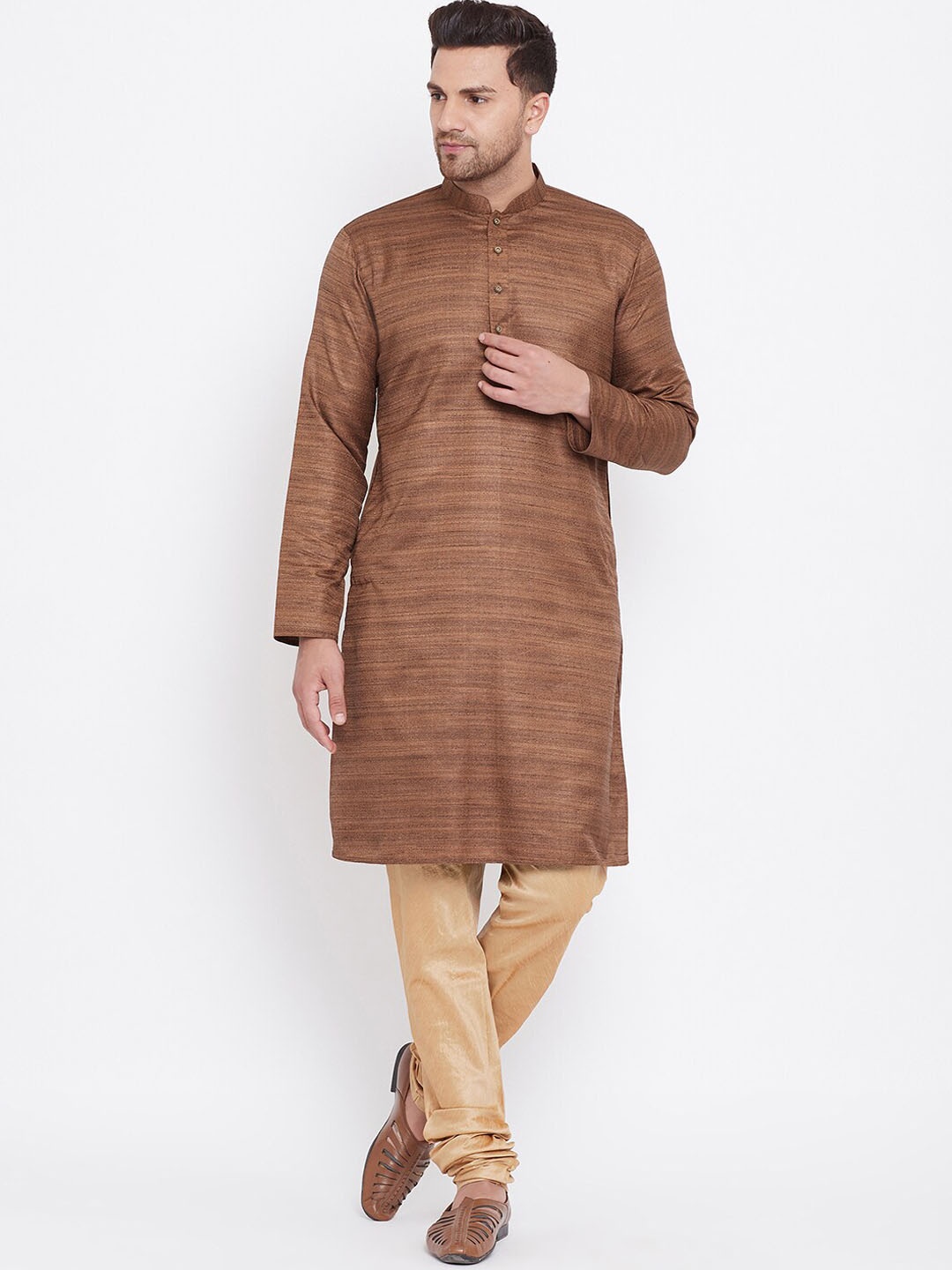 

VASTRAMAY Striped Mandarin Collar Kurta with Churidar, Coffee brown