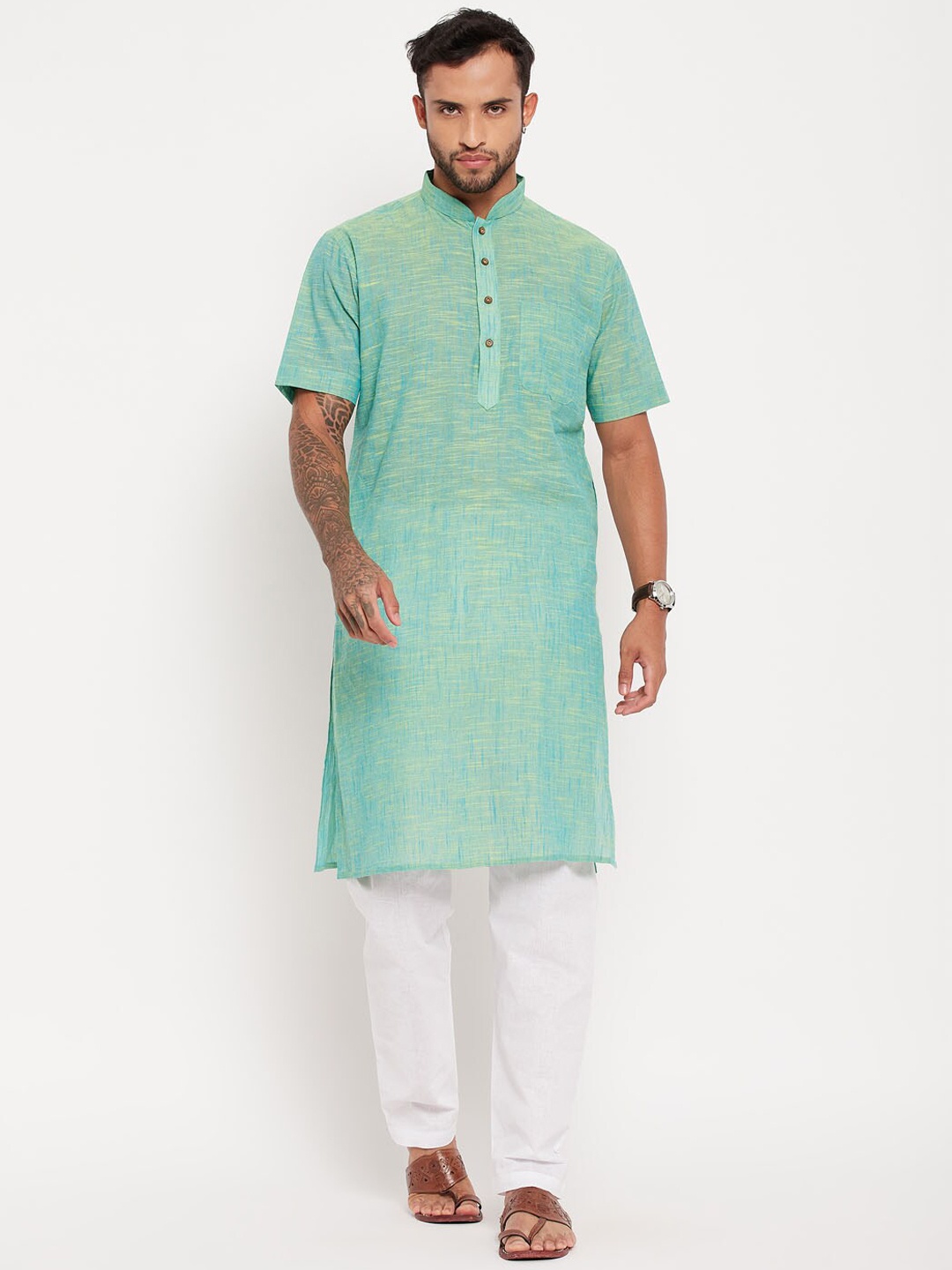 

VASTRAMAY Men Mandarin Collar Kurta with Pyjamas, Green