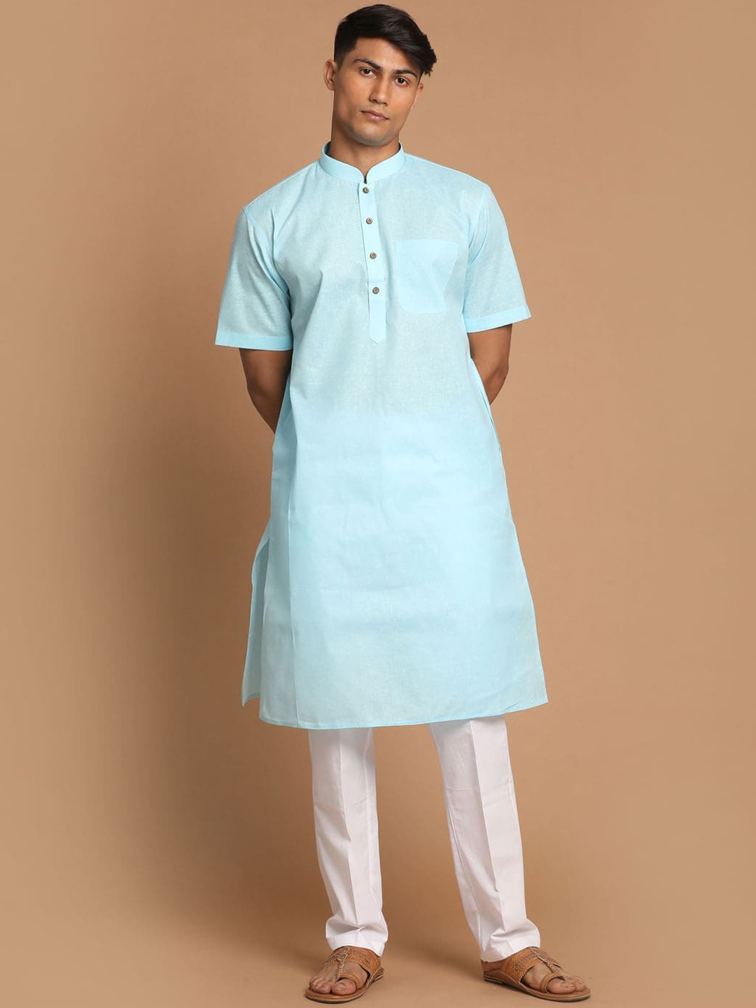 

VASTRAMAY Men Mandarin Collar Kurta with Pyjamas, Blue