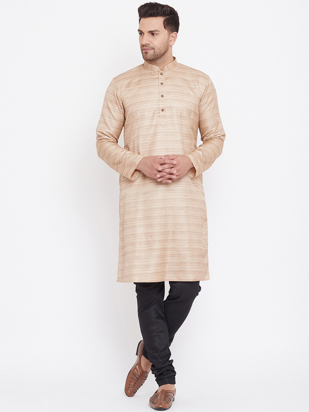 

VASTRAMAY Striped Mandarin Collar Kurta with Churidar, Beige