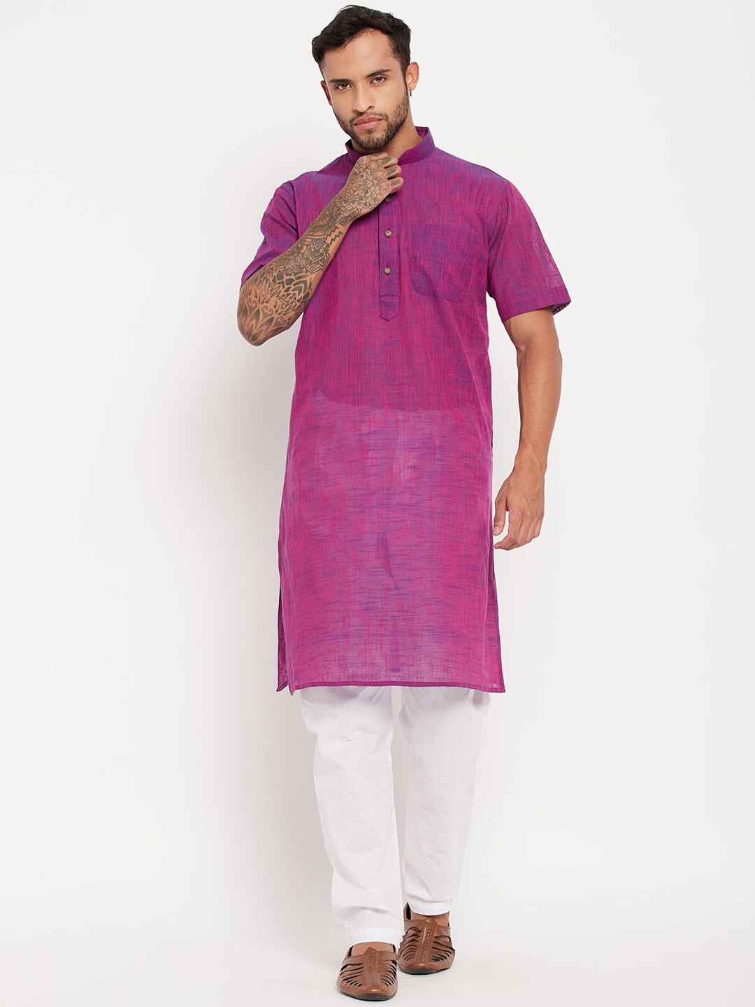 

VASTRAMAY Mandarin Collar Pure Cotton Kurta with Pyjamas, Purple