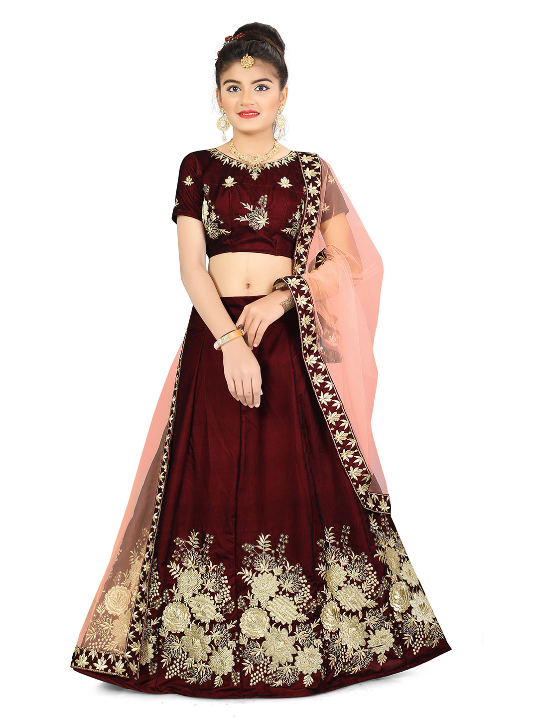 

WTWC FAB Girls Embellished Beads and Stones Semi-Stitched Lehenga & Unstitched, Maroon