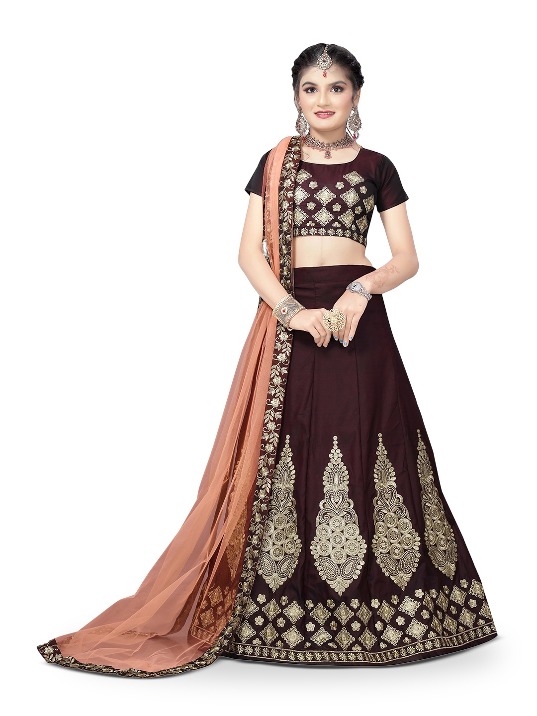 

WTWC FAB Girls Embroidered Semi-Stitched Lehenga & Unstitched Blouse With Dupatta, Maroon