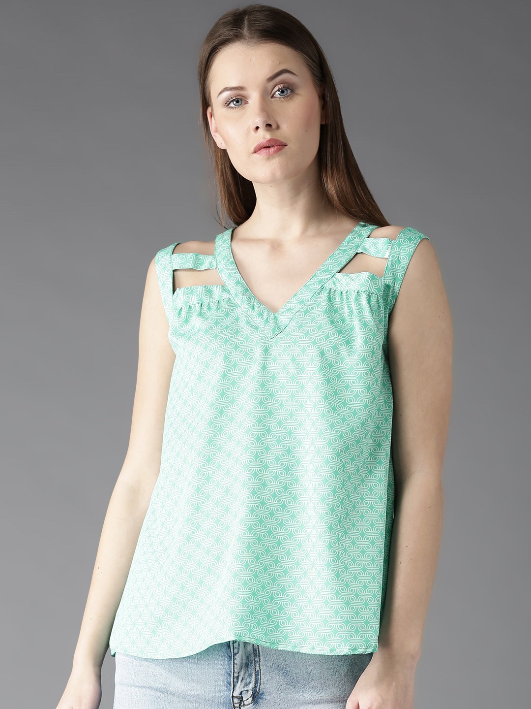 

HERE&NOW Women Sea Green Printed Cut-Out A-Line Top