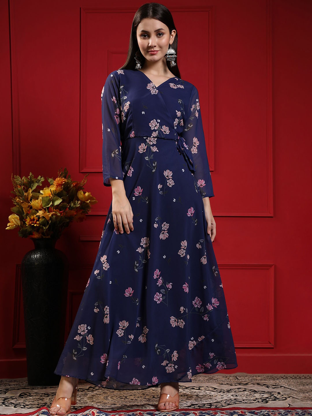 

KALINI Floral Printed Fit & Flared Angrakha Maxi Dress, Navy blue