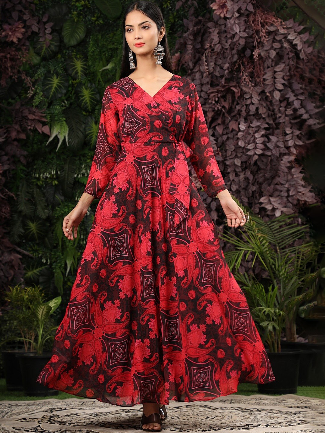 

KALINI Paisley Printed Angrakha Fit & Flared Ethnic Dress, Red