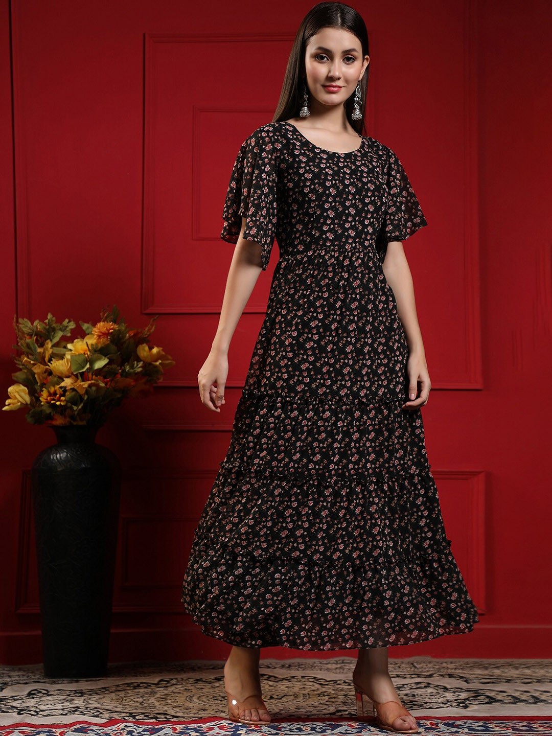 

KALINI Floral Printed Ruffled Tiered Flared Ethnic Dress, Black