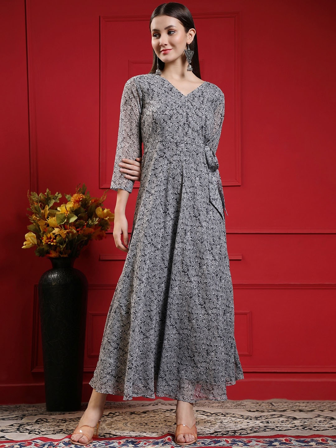 

KALINI Printed Flared Maxi Ethnic Dress, Grey