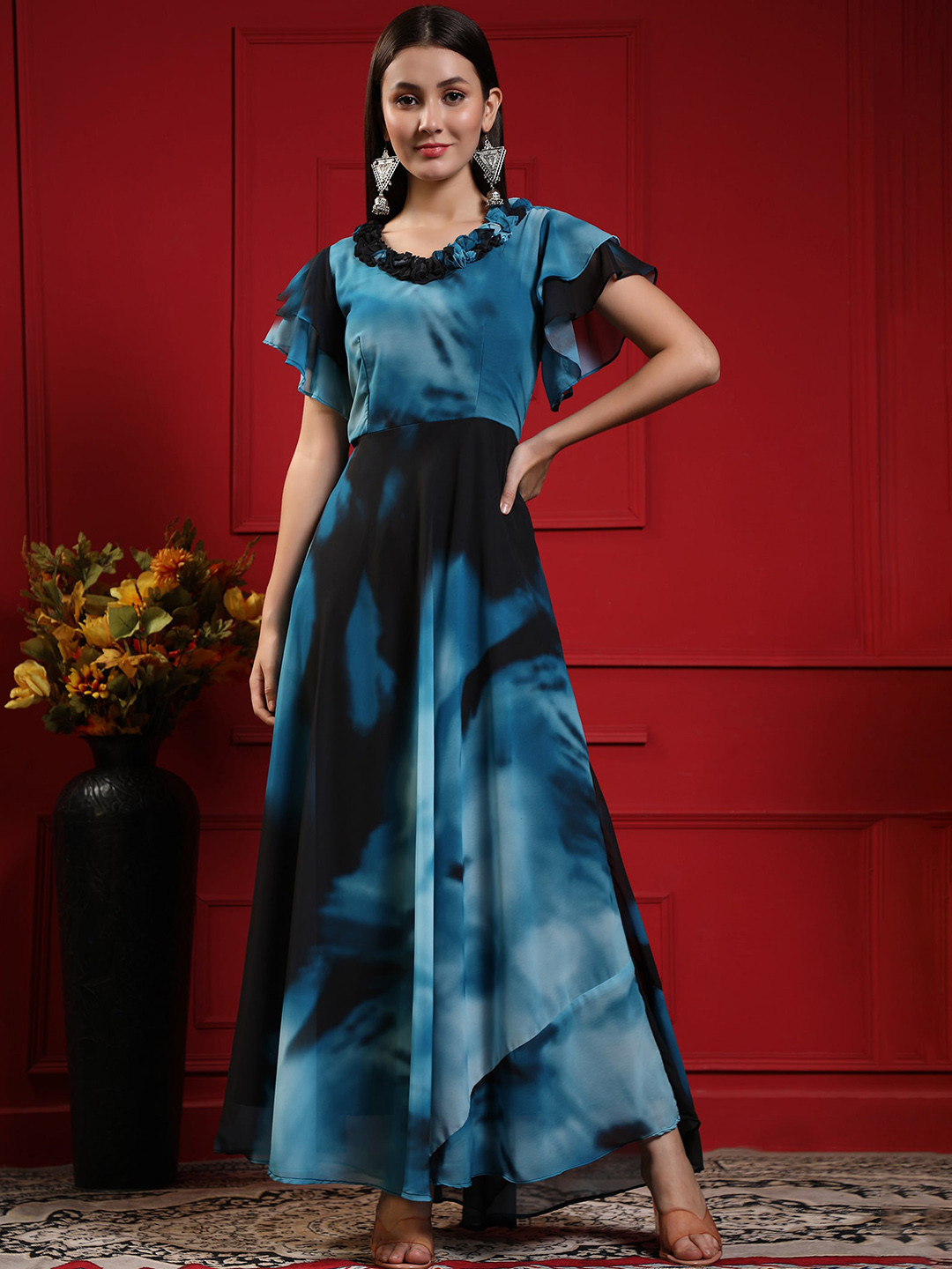 

KALINI Abstract Printed Fit & Flared Maxi Ethnic Dress, Blue