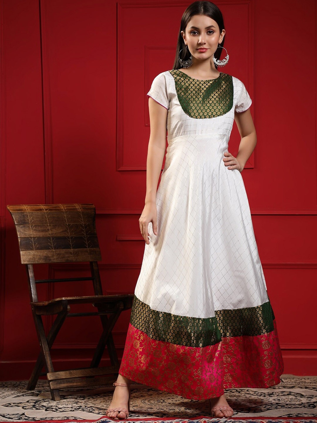 

KALINI Printed Fit & Flared Maxi Gown, White