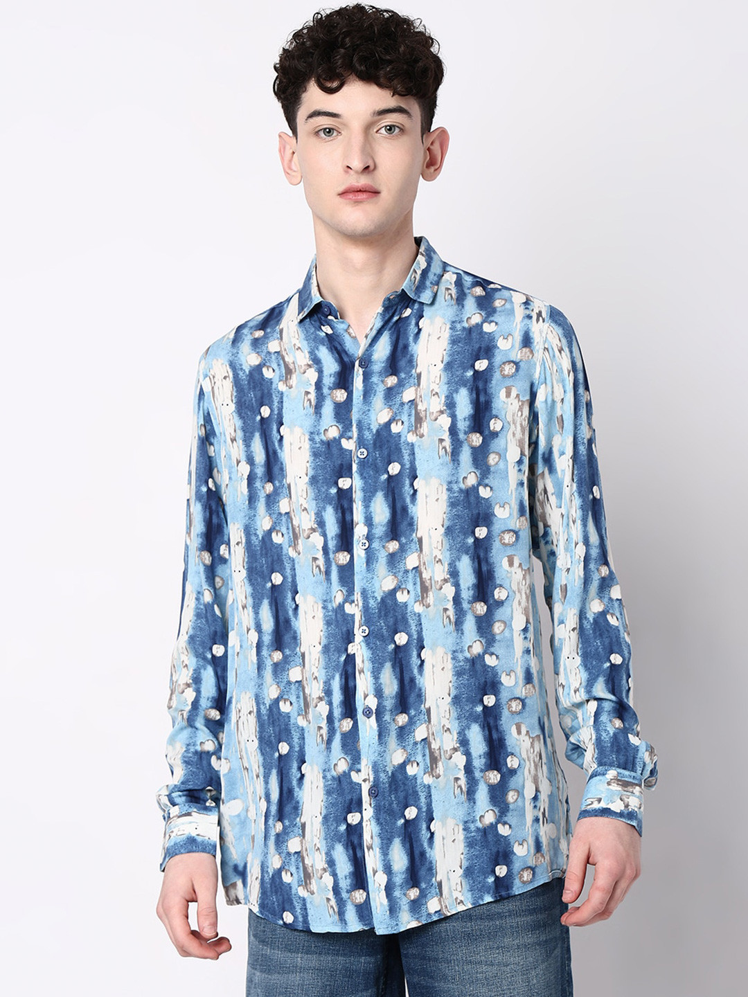 

7Shores Classic Opaque Abstract Printed Casual Shirt, Blue