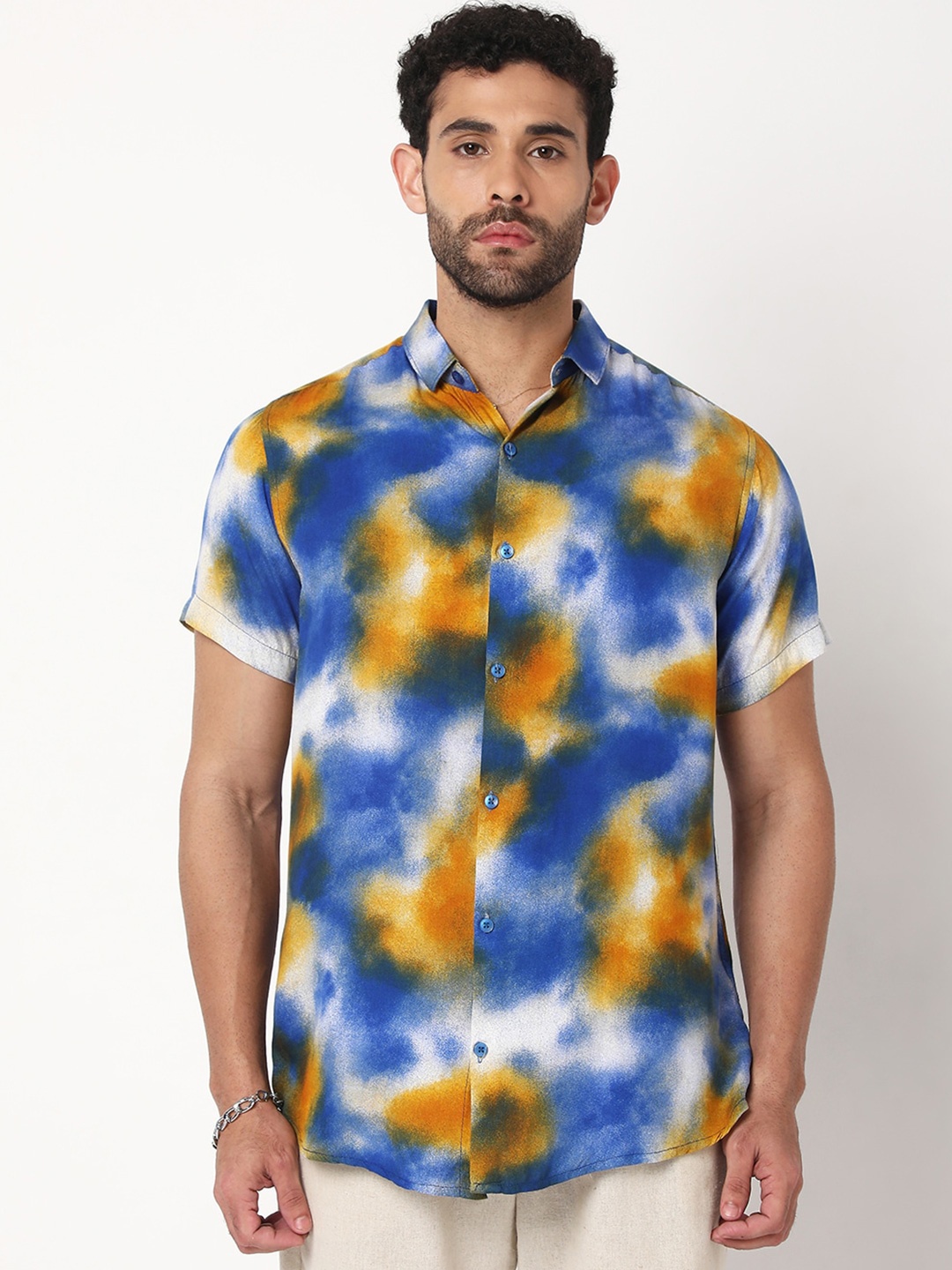 

7Shores Classic Abstract Printed Spread Collar Casual Shirt, Yellow