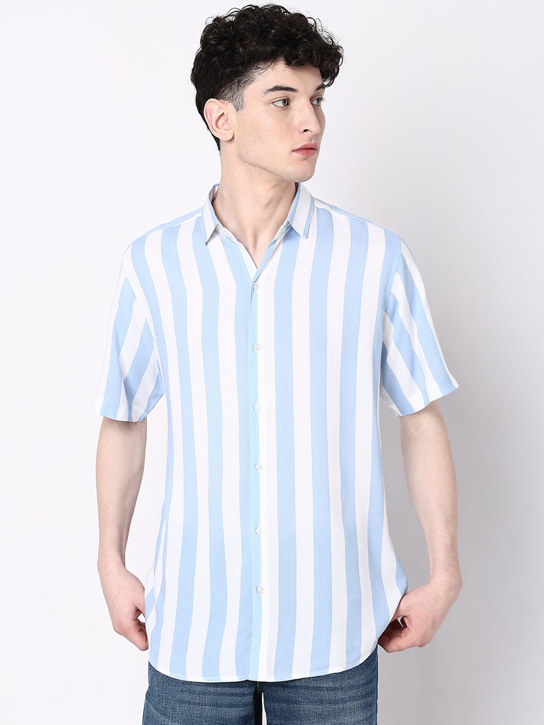 

7Shores Classic Fit Striped Spread Collar Casual Shirt, Blue