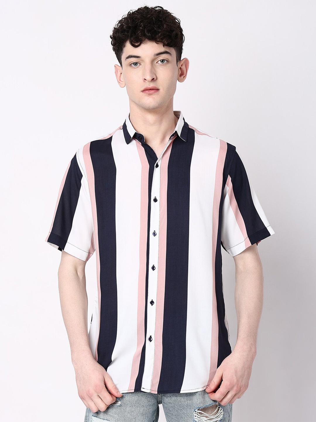 

7Shores Classic Vertical Striped Spread Collar Casual Shirt, Navy blue
