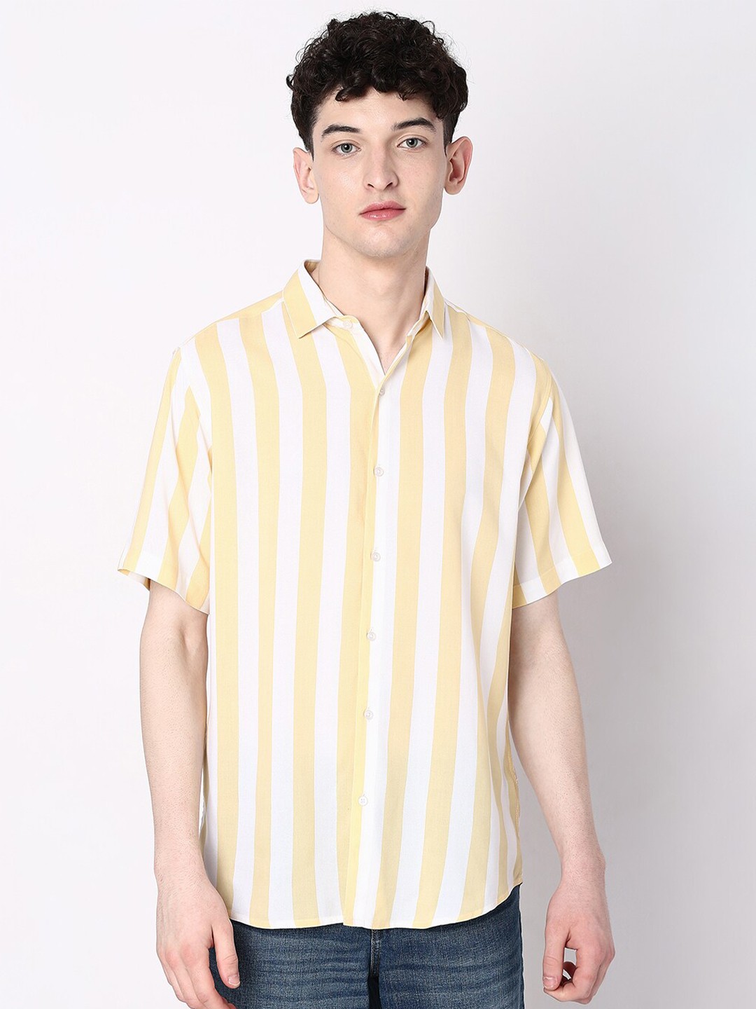 

7Shores Classic Fit Striped Spread Collar Casual Shirt, Yellow