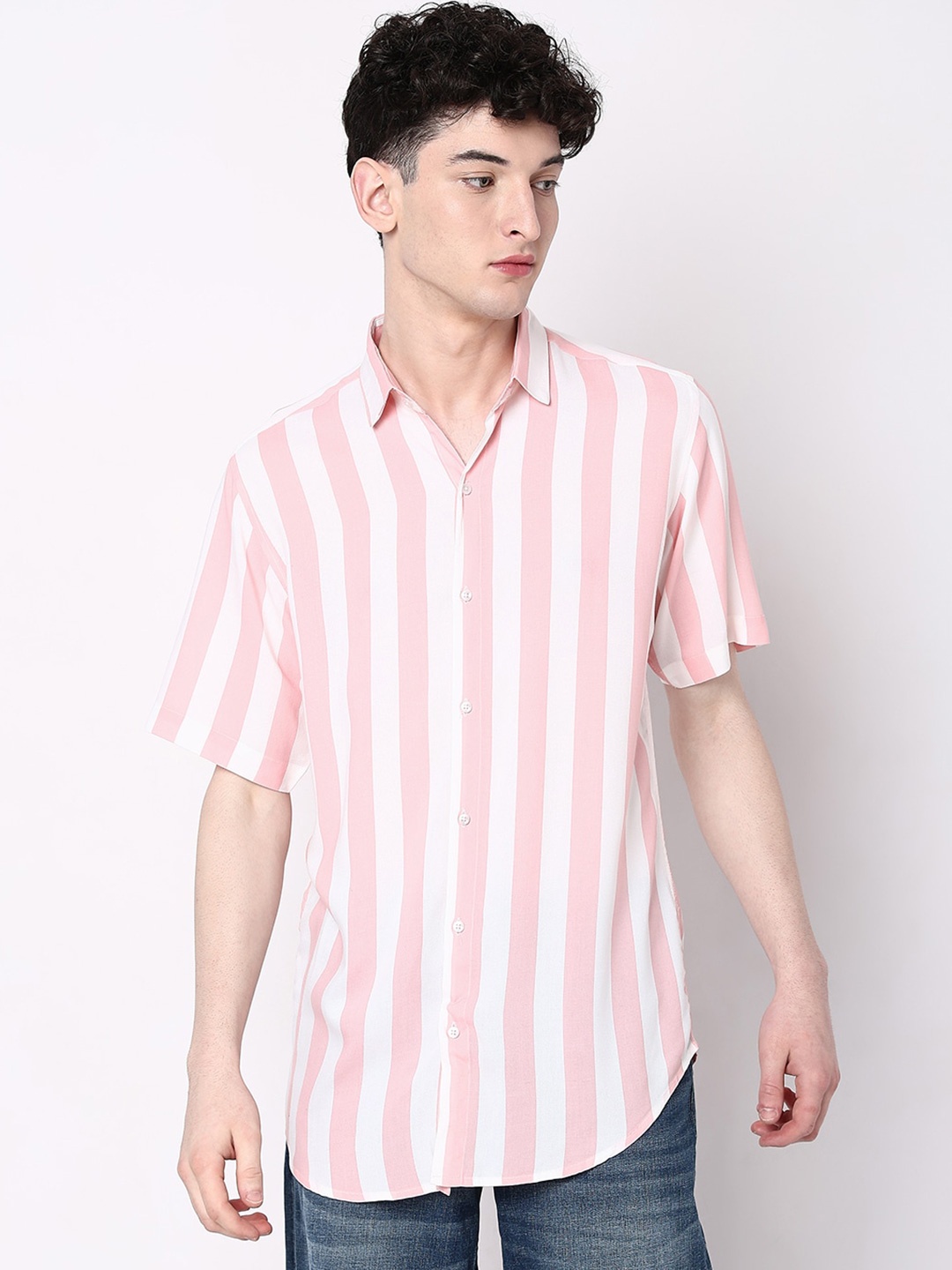 

7Shores Classic Fit Striped Spread Collar Casual Shirt, Pink