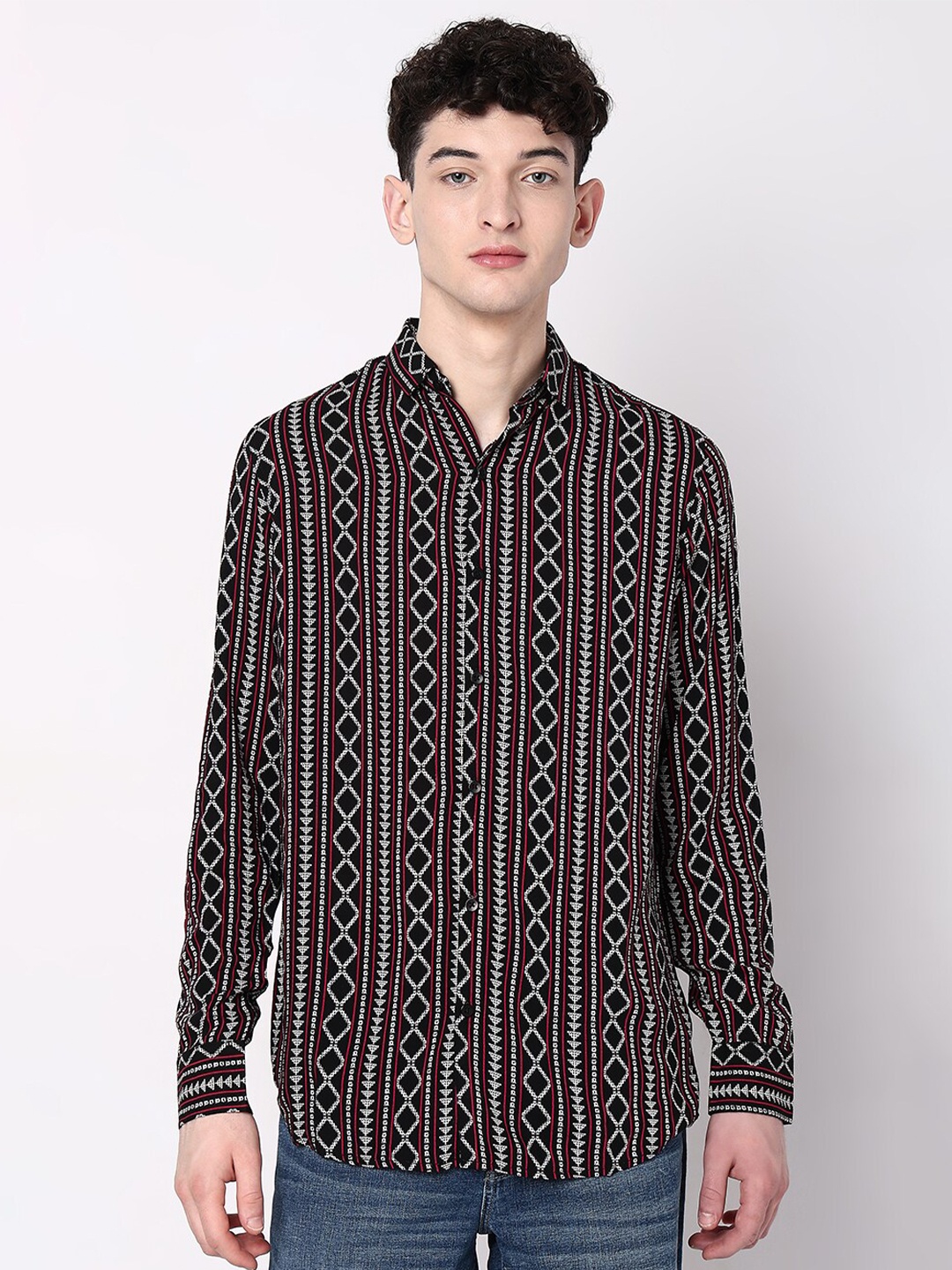 

7Shores Classic Geometric Printed Casual Shirt, Black