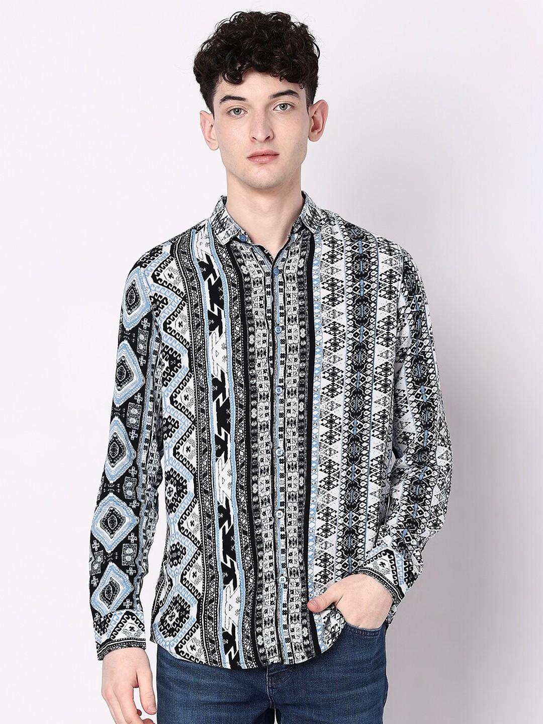 

7Shores Classic Abstract Printed Spread Collar Casual Shirt, White