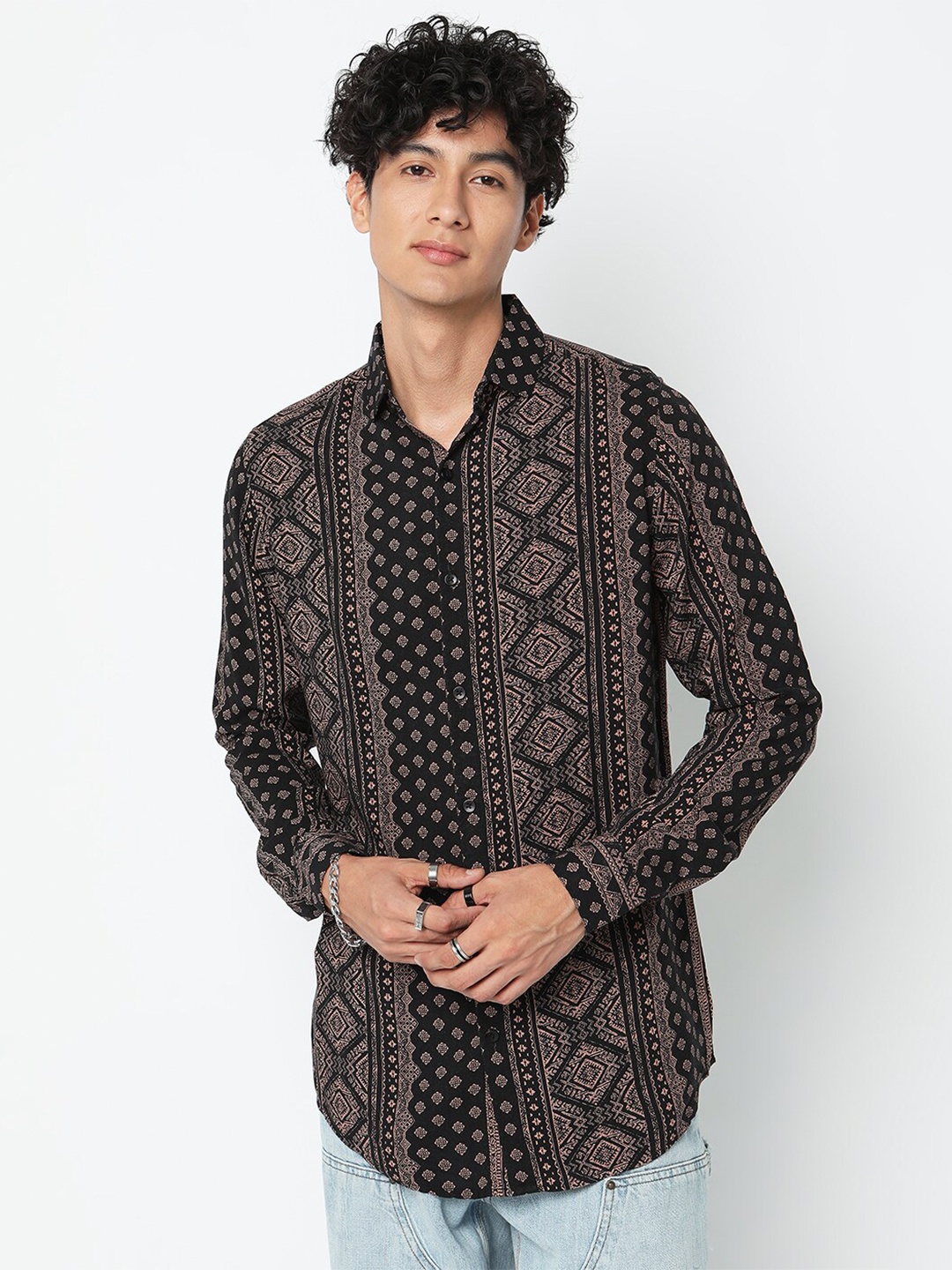 

7Shores Classic Geometric Printed Casual Shirt, Black