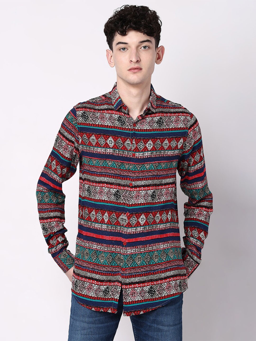 

7Shores Classic Fit Ethnic Printed Spread Collar Casual Shirt, Red