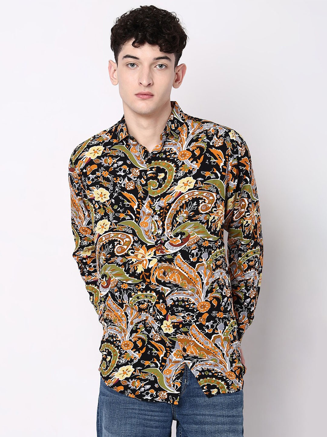 

7Shores Classic Opaque Ethnic Printed Casual Shirt, Black