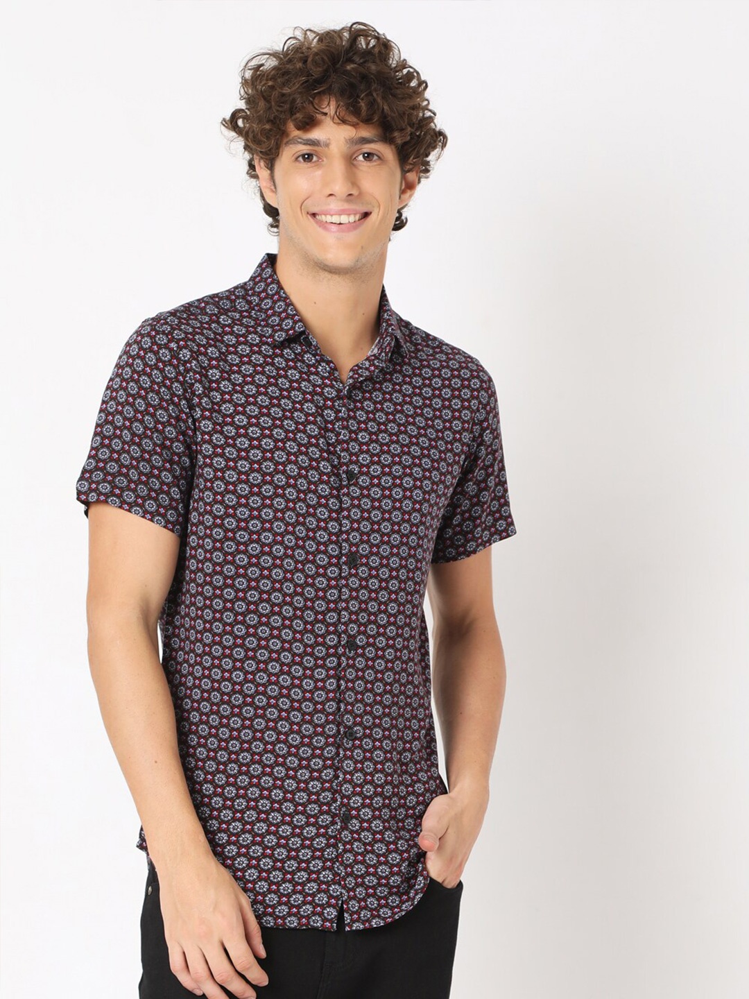 7Shores Classic Floral Printed Spread Collar Casual Shirt, Red