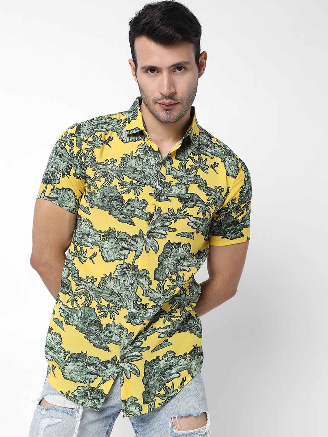 

7Shores Classic Tropical Printed Casual Shirt, Yellow