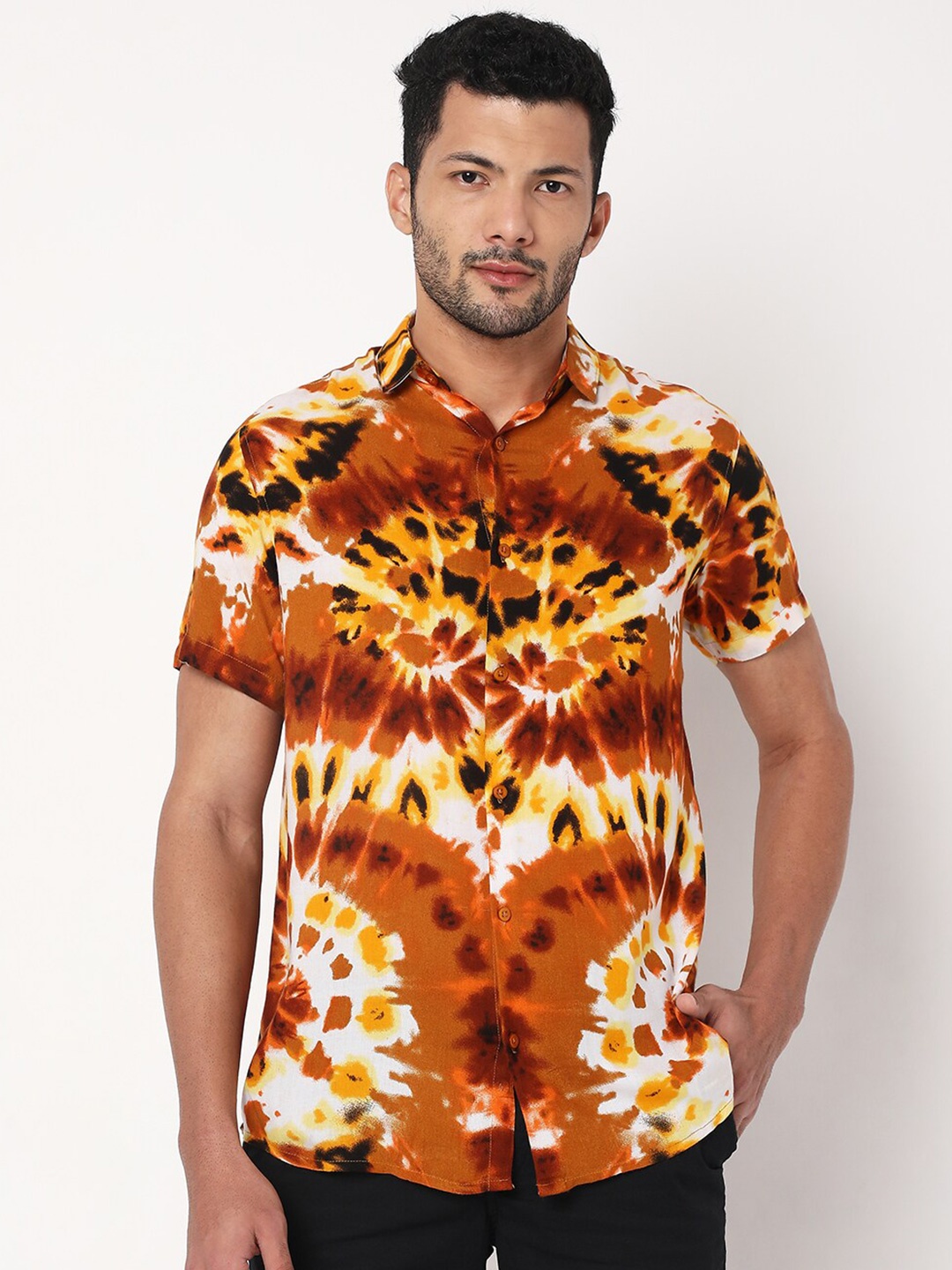 

7Shores Classic Abstract Printed Spread Collar Casual Shirt, Brown