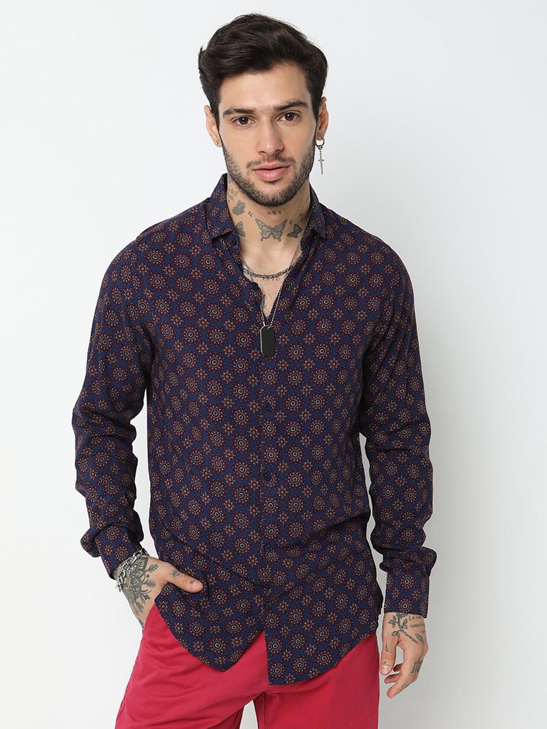 

7Shores Classic Fit Ethnic Printed Spread Collar Casual Shirt, Navy blue