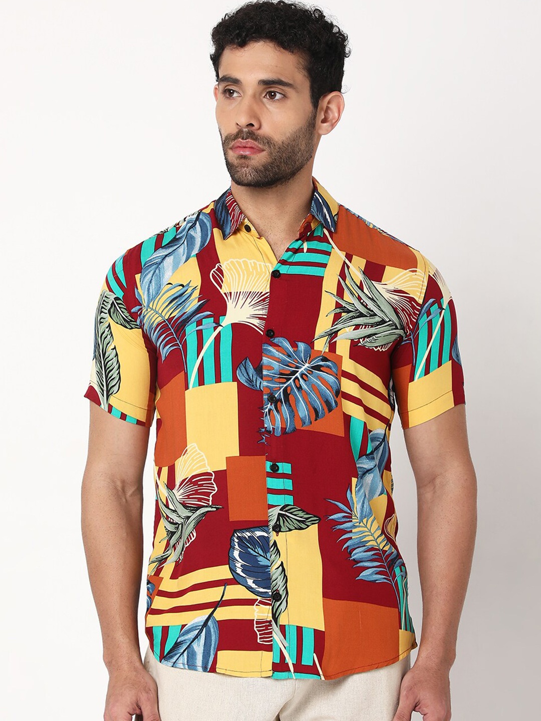 

7Shores Classic Opaque Tropical Printed Casual Shirt, Brown