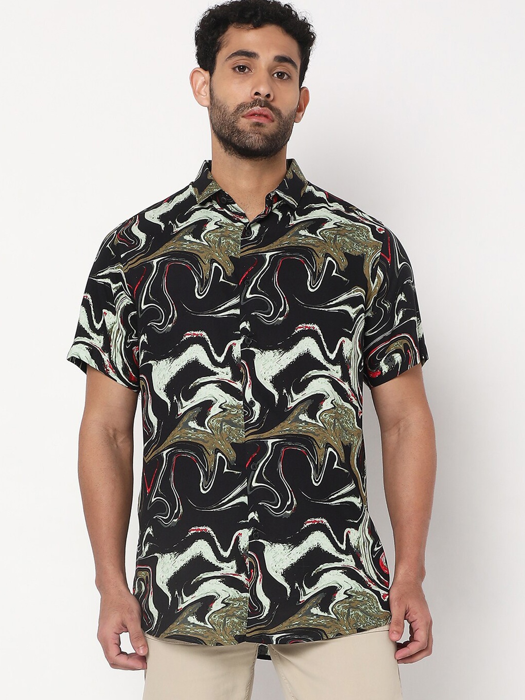 

7Shores Classic Opaque Abstract Printed Casual Shirt, Black