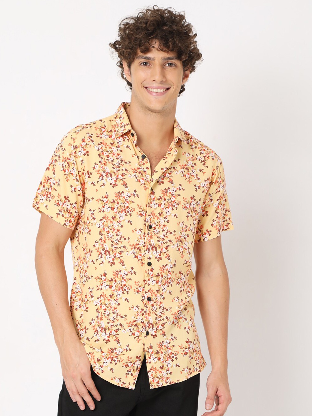 

7Shores Classic Floral Printed Spread Collar Casual Shirt, Yellow