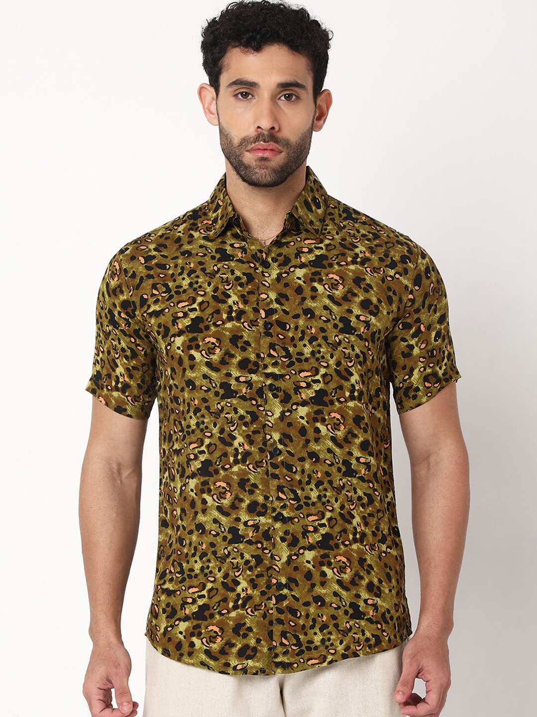 

7Shores Classic Abstract Printed Spread Collar Casual Shirt, Green