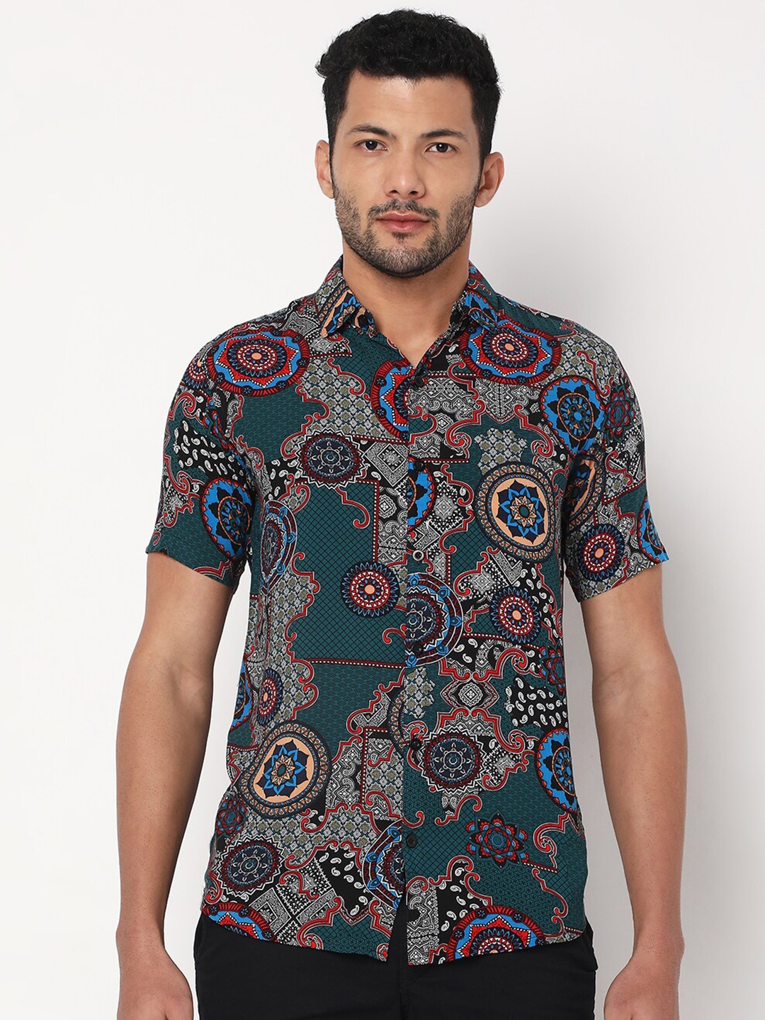 

7Shores Classic Opaque Ethnic Printed Casual Shirt, Teal