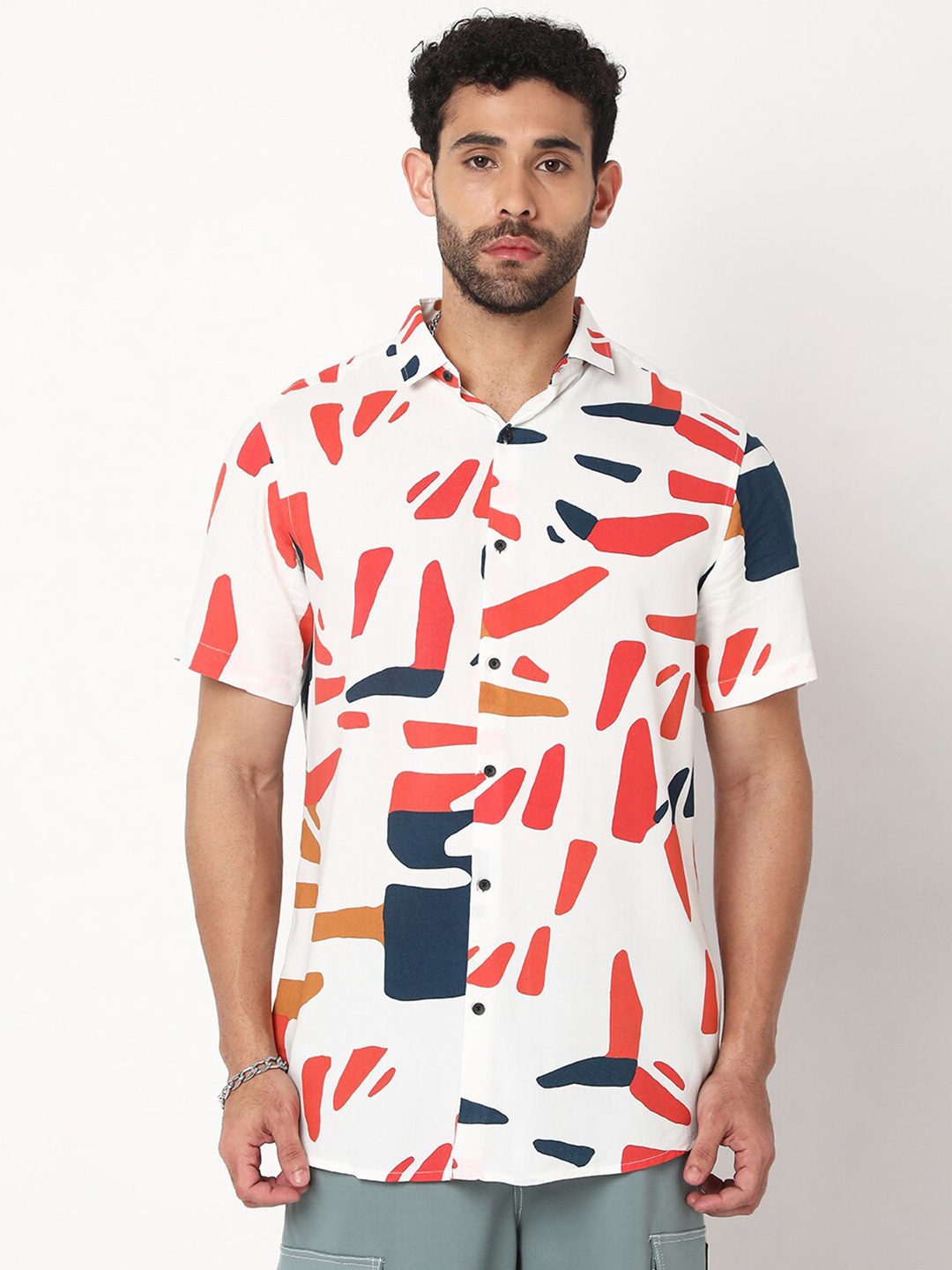 

7Shores Classic Abstract Printed Casual Shirt, White